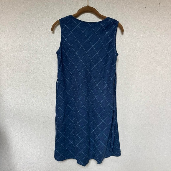 European Linen blue checkered dress with tie waist - Picture 6 of 8